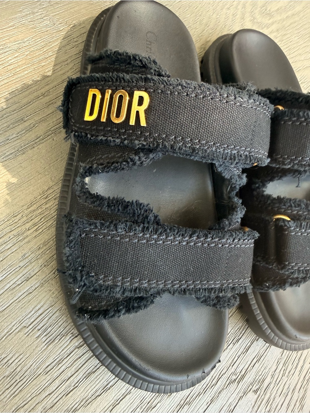 Dior Black Frayed Double-Strap Slide Sandals with Gold Logo - Picture 3 of 7
